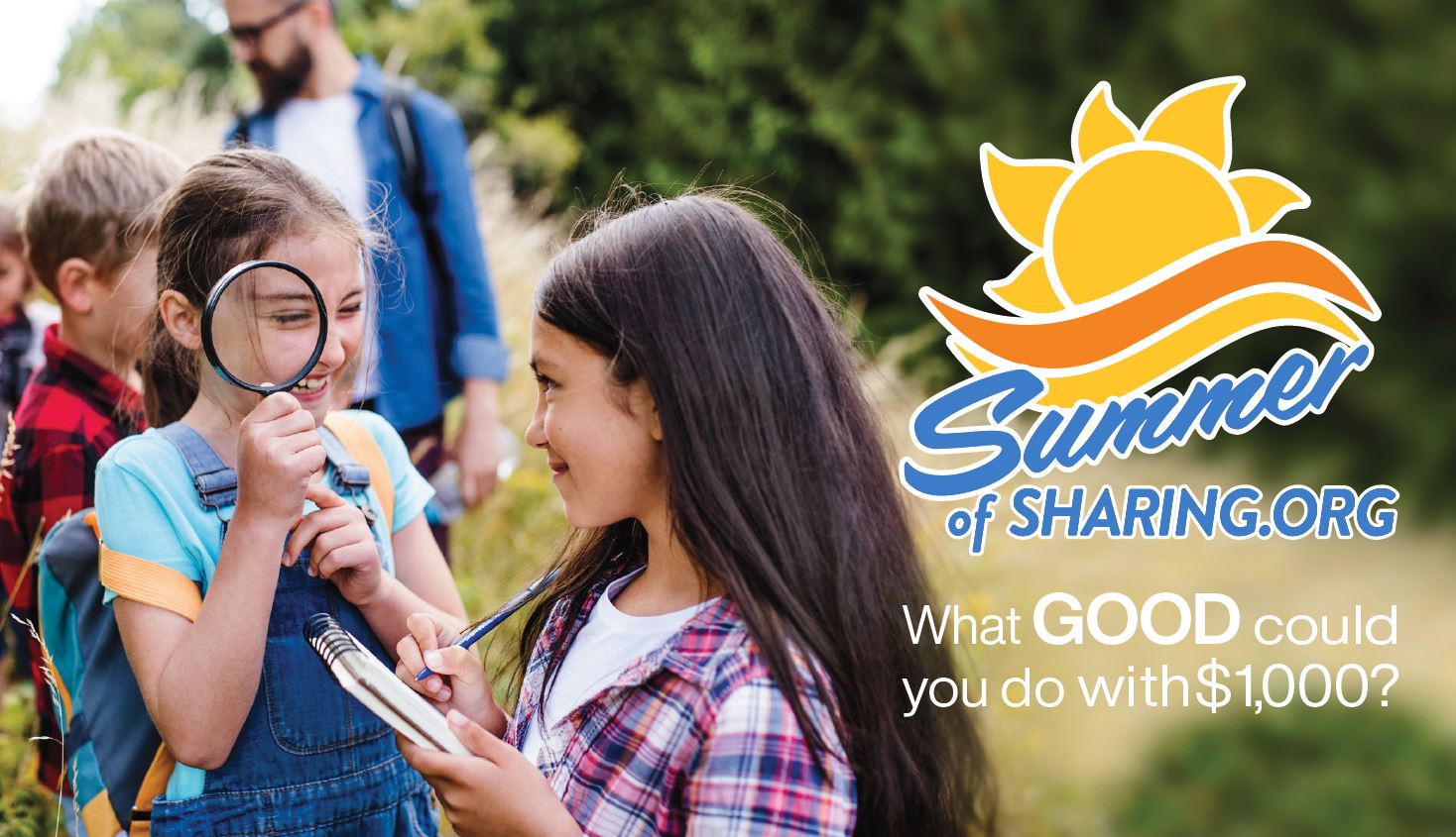 Kids at summer camp with Summer of Sharing Logo.